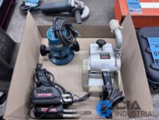 (LOT) CORDED ELECTRIC HAND TOOLS, 4" SKIL MODEL 400 BELT SANDER, MAKITA 3606 ROUTER AND (2) WELLER