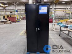 (LOT) (2) 2-DOOR STEEL CABINETS WITH MISCELLANEOUS FINISHING ROLLS, LIFTING STRAPS, FILTERS, SANDING