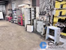 (LOT) WELDING SUPPLIES INCLUDING WIRE AND STICK, MACHINE PARTS, CABINETS