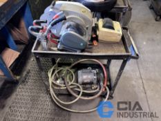 METAL CART WITH MISCELLANEOUS SHIPPING SUPPLIES INCLUDING STAPLERS, TAPE MACHINE AND LABEL PRINTERS
