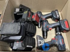 (LOT) (3) 1/2" BOSCH CORDLESS DRILLS, (4) CHARGERS, (6) EXTRA BATTERIES