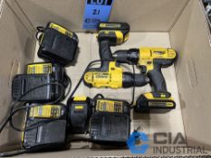 (LOT) (2) 1/2" DEWALT CORDLESS DRILLS, (4) CHARGERS AND (5) EXTRA BATTERIES