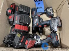 (LOT) (4) 1/2" BOSCH CORDLESS DRILLS, (4) CHARGERS, (7) EXTRA BATTERIES