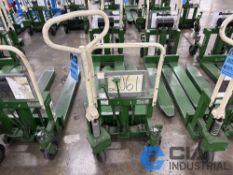 2,200 LB. BISHAMON MODEL LV100 HYDRAULIC SCISSOR TYPE SKID LIFT, NARROW FORKS