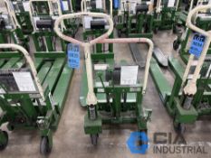 2,200 LB. BISHAMON MODEL LV100 HYDRAULIC SCISSOR TYPE SKID LIFT, NARROW FORKS