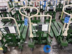 2,200 LB. BISHAMON MODEL LV100 HYDRAULIC SCISSOR TYPE SKID LIFT, NARROW FORKS