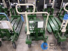 2,200 LB. BISHAMON MODEL LV100 HYDRAULIC SCISSOR TYPE SKID LIFT, NARROW FORKS