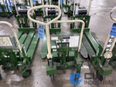 2,200 LB. BISHAMON MODEL LV100 HYDRAULIC SCISSOR TYPE SKID LIFT, NARROW FORKS