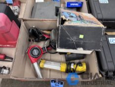 (LOT) MISCELLANEOUS TOOLS INCLUDING DRILL DOCTOR, TROUBLE LIGHT, HEAT GUN, 18 VOLT RYOBI CHARGER