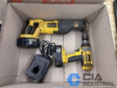 (LOT) DEWALT RECIPROCATING SAW AND DRILL WITH CHARGER AND BATTERIES