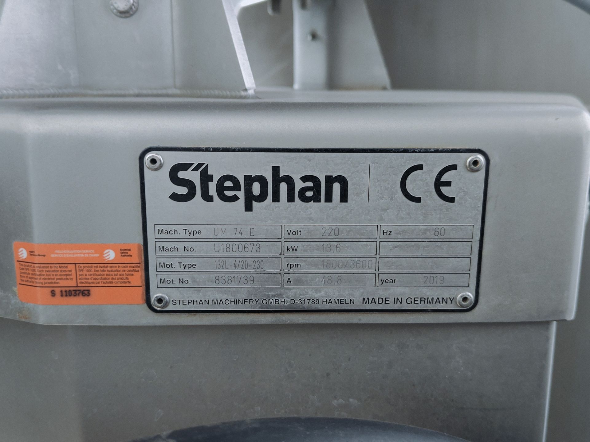 2019 Stephan Mod. UM-74-E Universal Machine Machine No: U1800673 Motor: 132L-4420 No. 8887739 Specs: - Image 5 of 12