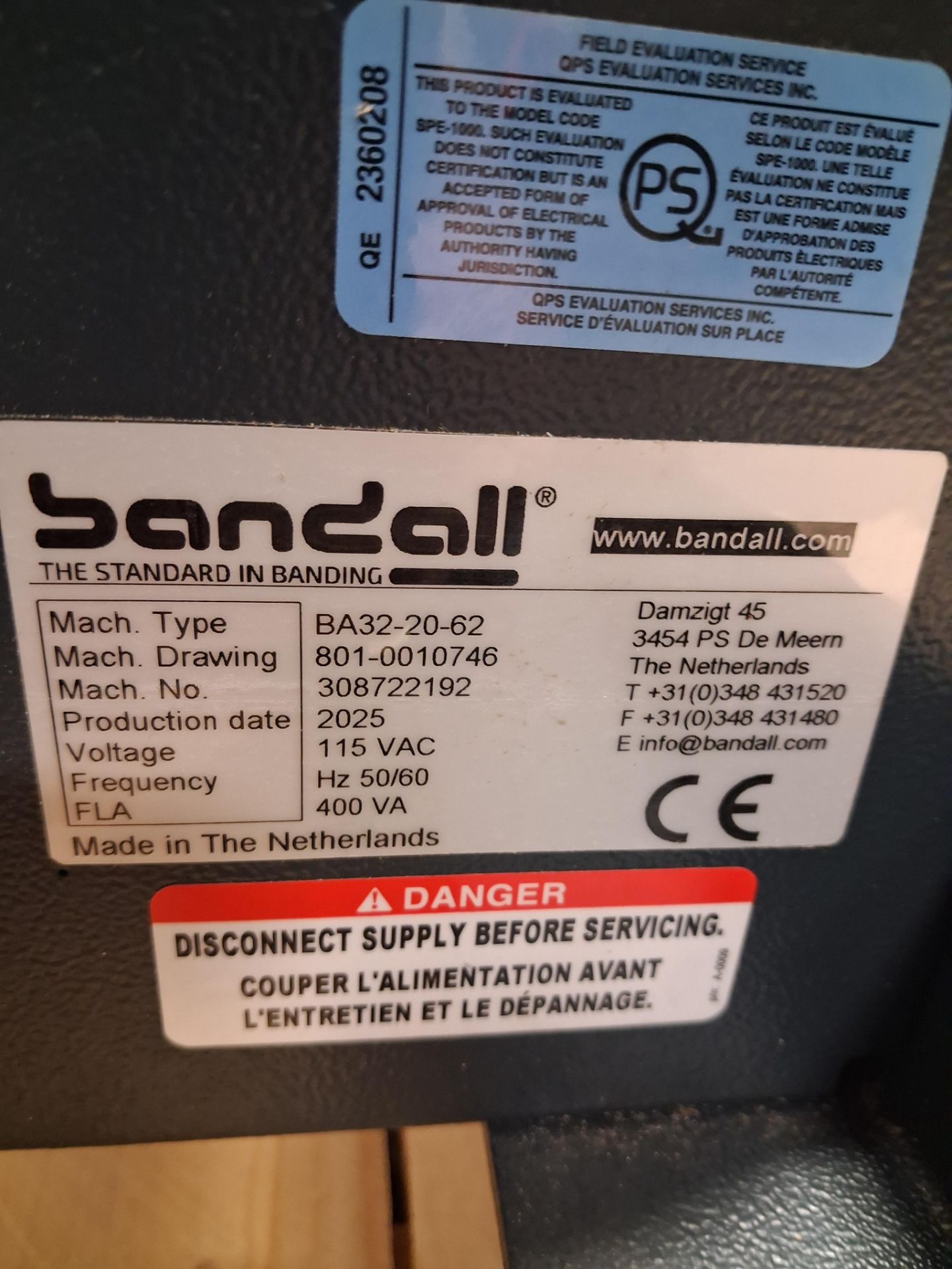 2025 Bandall Mod. BA32-20-62 Drawing No: 801-0010746 Serial No: 307722192 Specs: 115V, 50/60Hz, 400V - Image 7 of 8