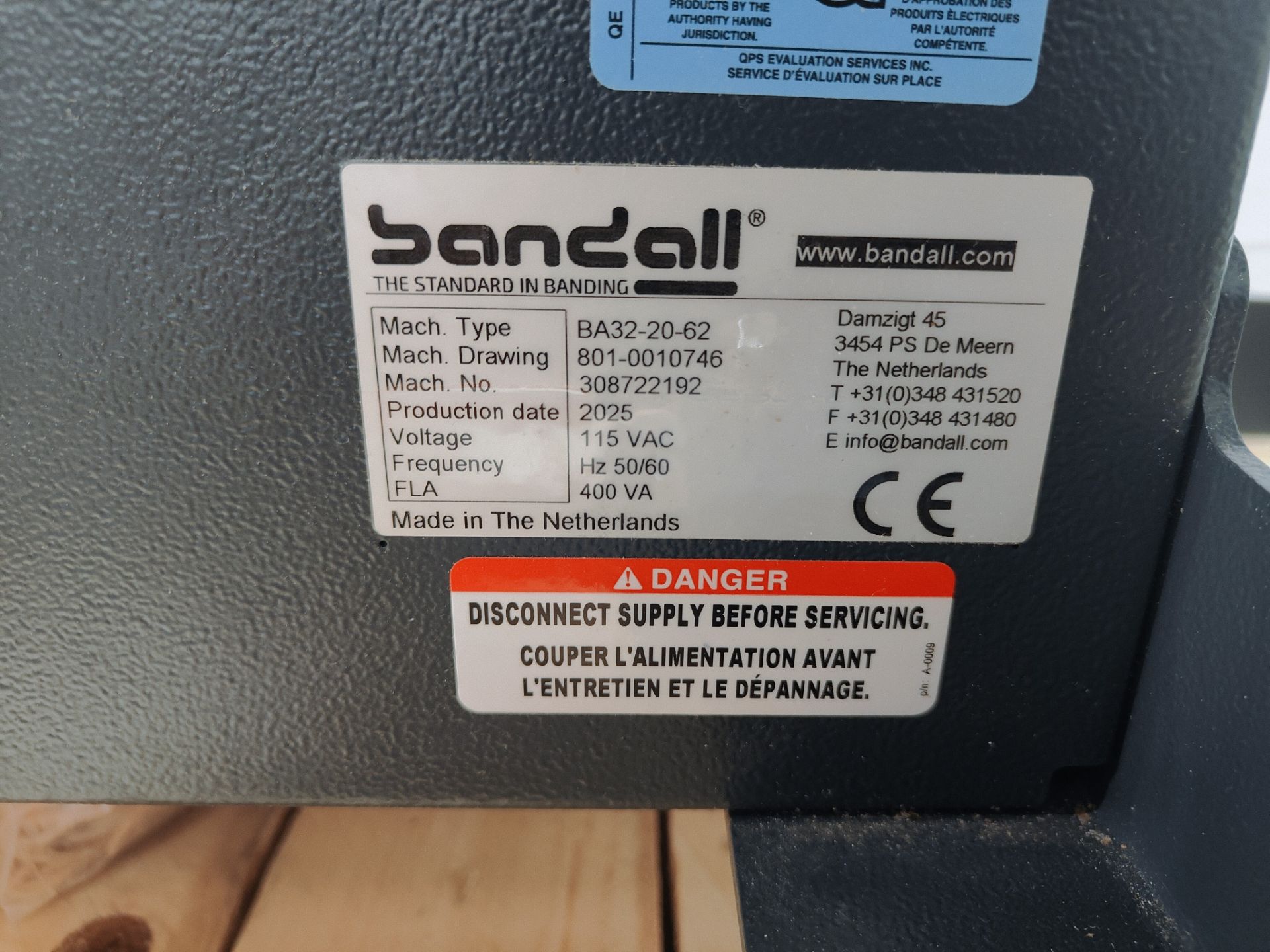 2025 Bandall Mod. BA32-20-62 Drawing No: 801-0010746 Serial No: 307722192 Specs: 115V, 50/60Hz, 400V - Image 5 of 7