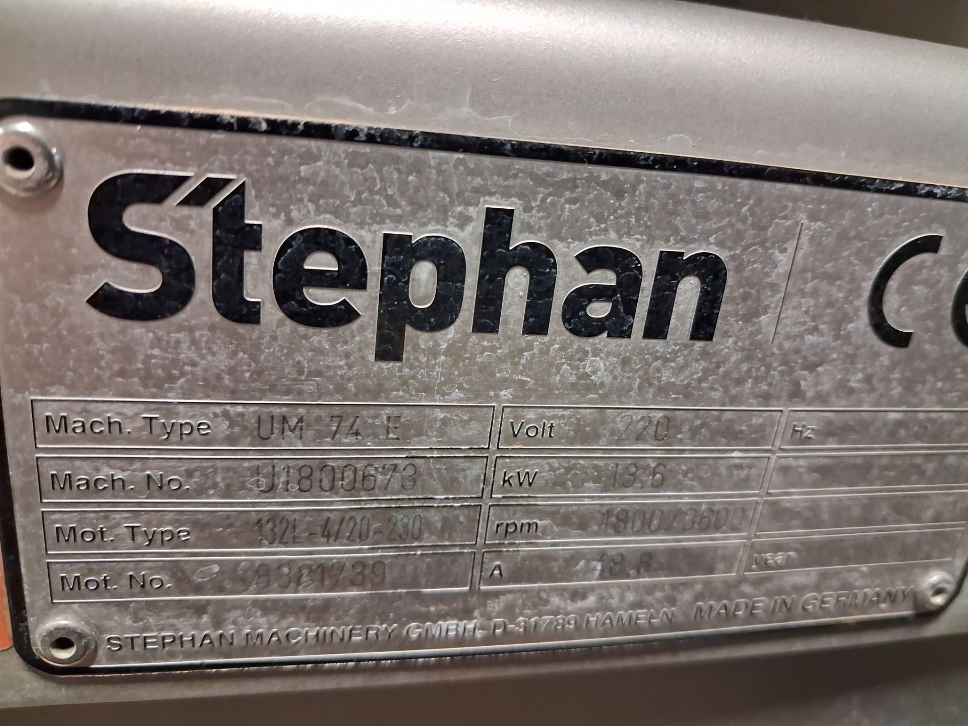 2019 Stephan Mod. UM-74-E Universal Machine Machine No: U1800673 Motor: 132L-4420 No. 8887739 Specs: - Image 11 of 11