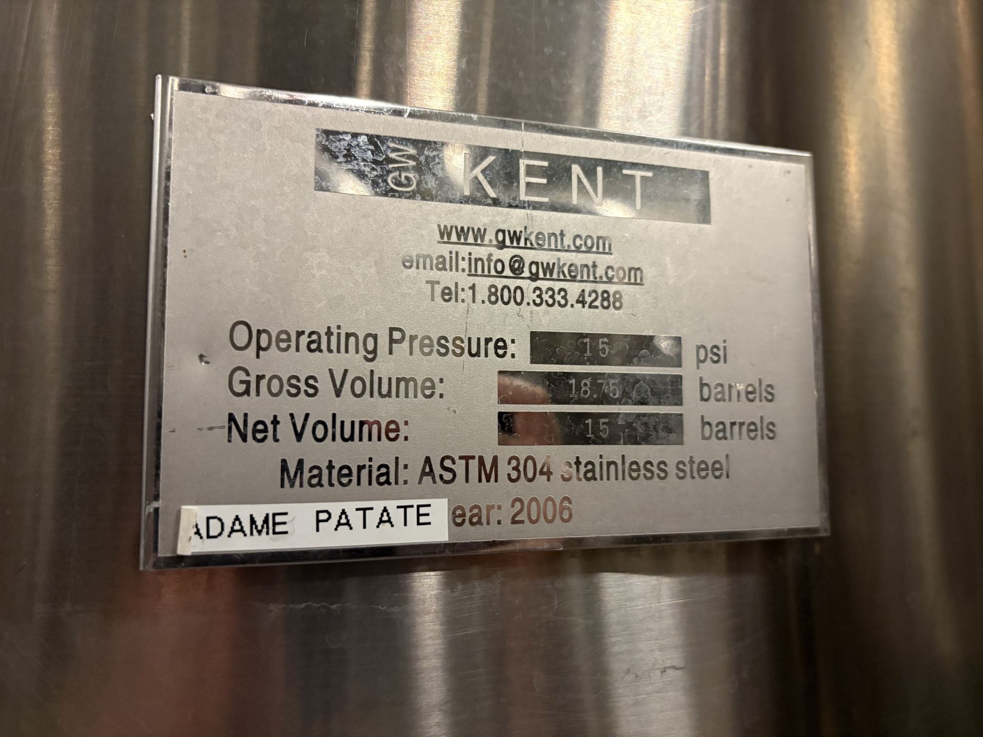 1750 Litre GW KENT SS Double Jacketed, Cone-Bottom Fermentation Tank (2006) - Image 6 of 8