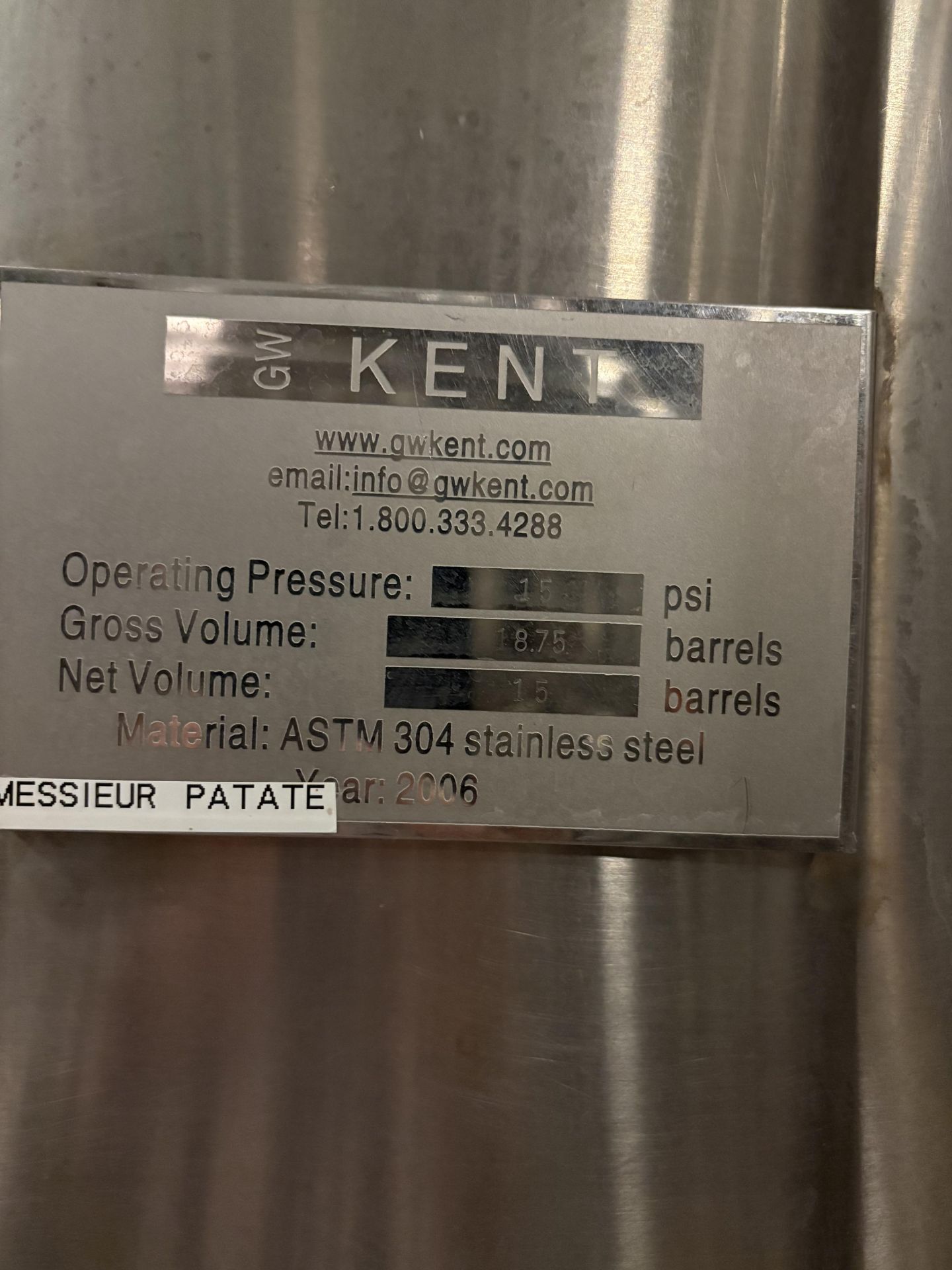 1750 Litre GW KENT SS Double Jacketed, Cone-Bottom Fermentation Tank (2006) - Image 5 of 6