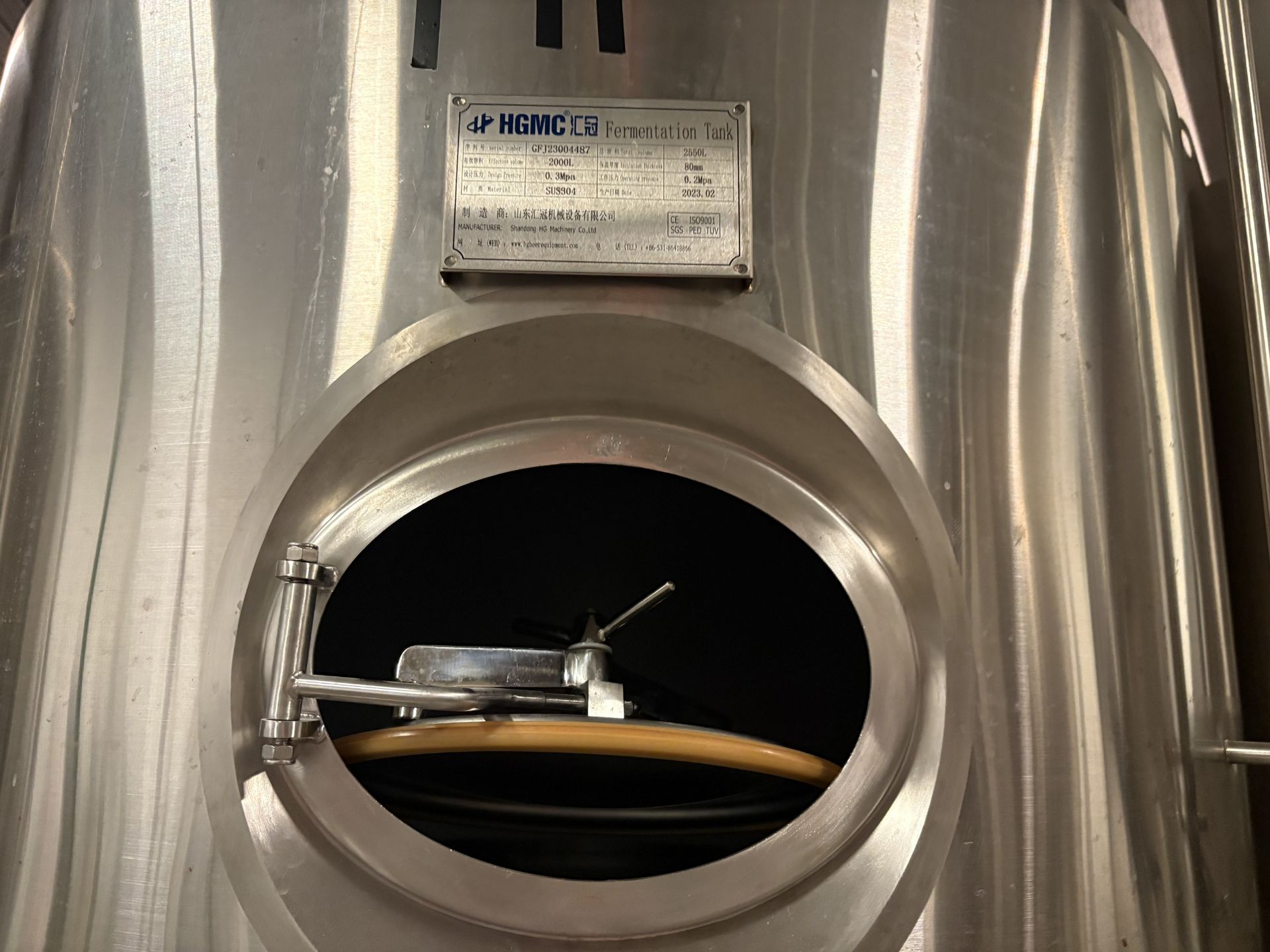 2023 HGMC 2,000 Litre SS304L Cone-Bottom, Double Jacketed Fermentation Tank - Image 4 of 8