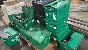 Lot of Green Plastic Bins with Cryptocurrency Mining Components, GPU Cards and Network Cables