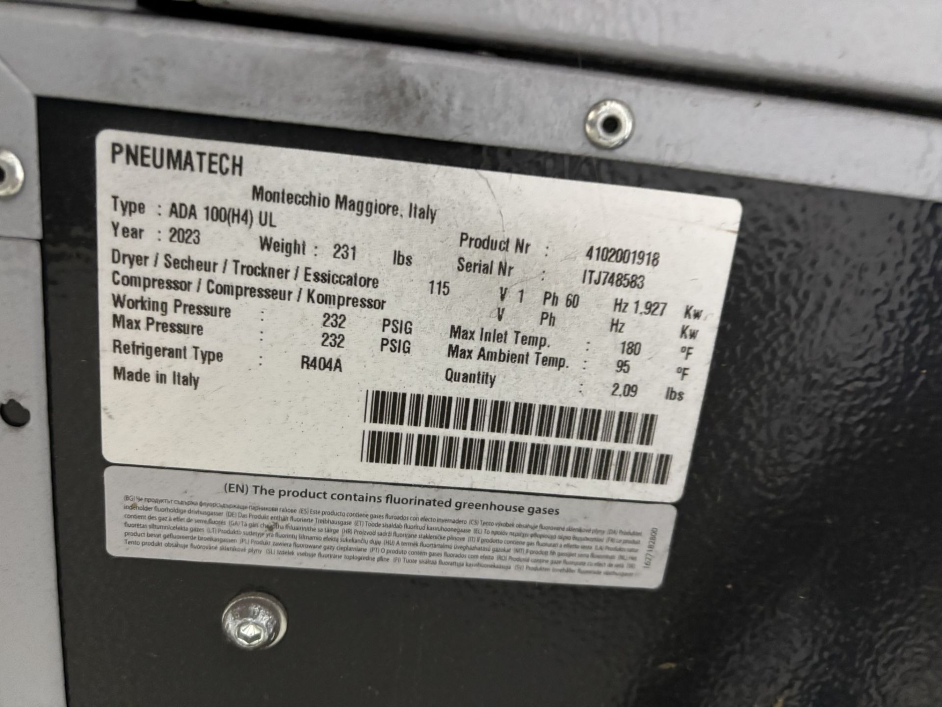 ADA Pneumatic Line Dryer Product Number 4102001918 S/N ITJ748583, Manufactured in 2023 - Image 2 of 2
