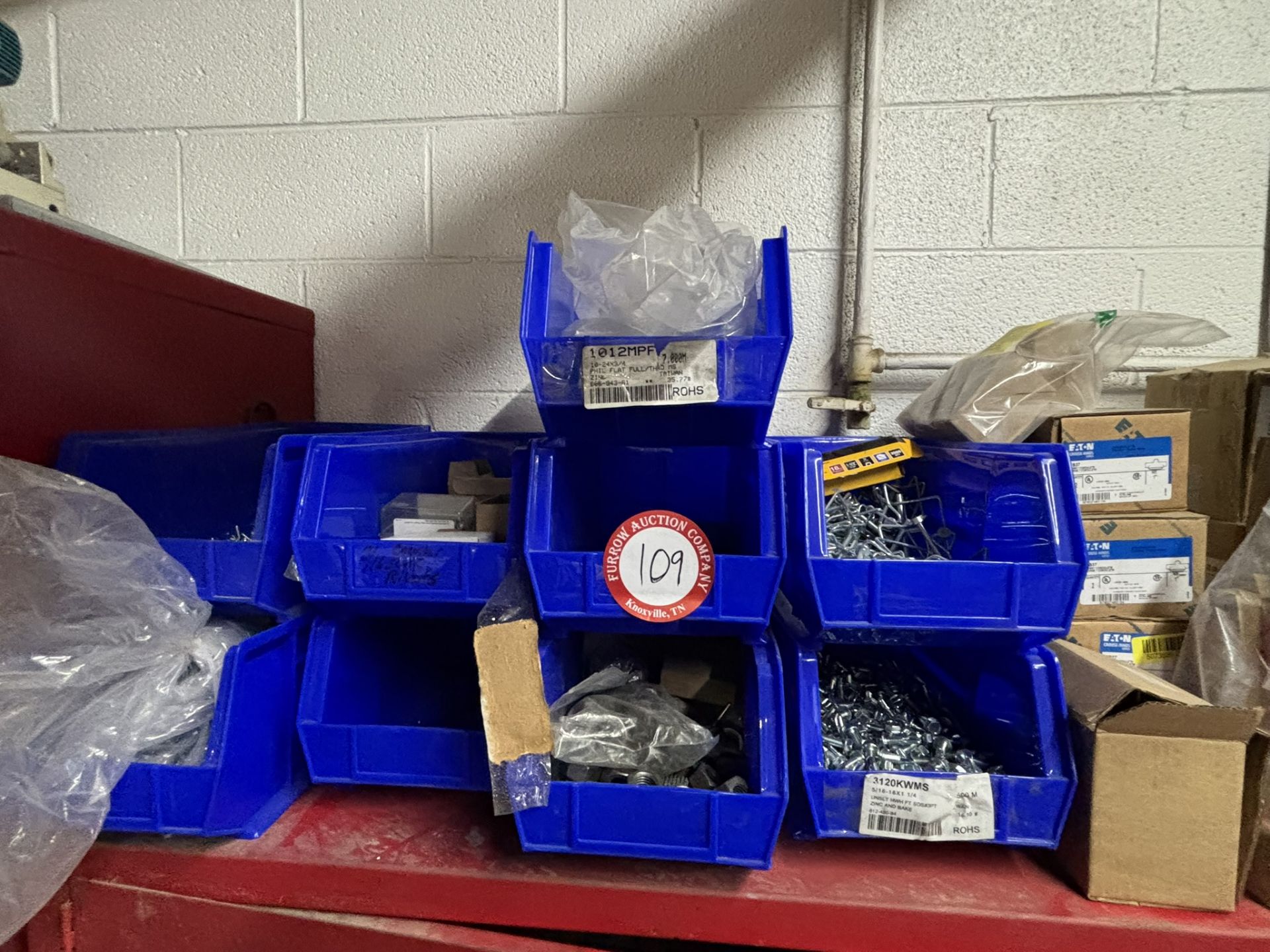 Assorted Contents on top of Cabinets - Nuts, Bolts, Staples, Conduit, Outlet Bodies, Drill Bits,