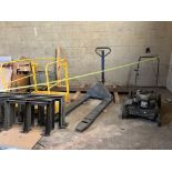 Everything Behind Yellow Ribbon - Pallet Jack, Poulin Push Lawn Mower, Extension Cord Reels, Paint