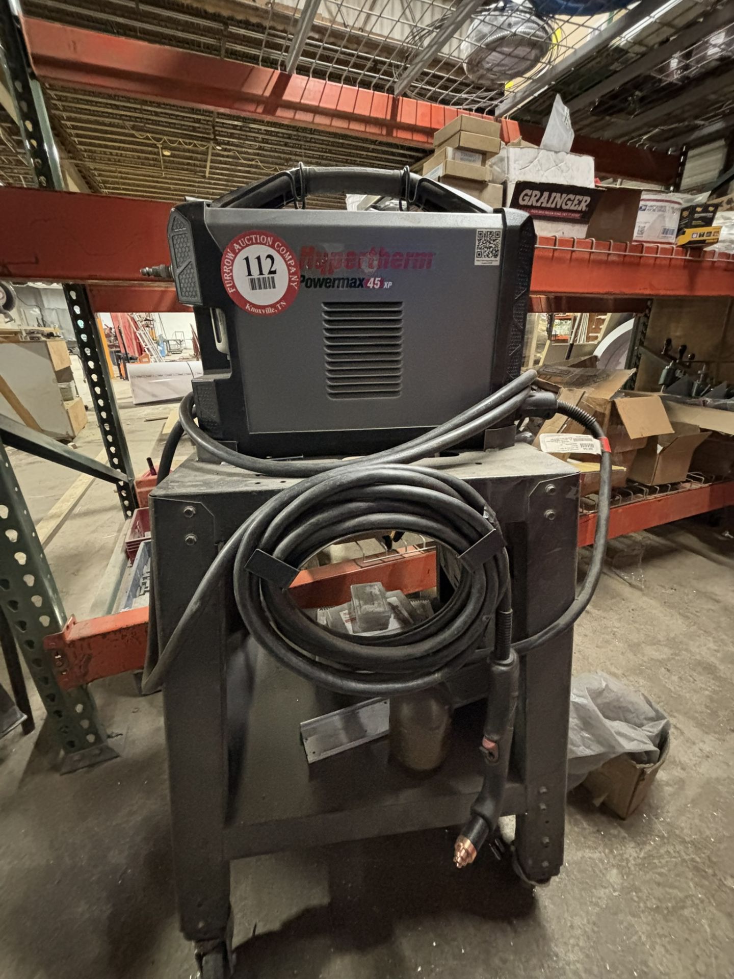 Lincoln Electric Hypertherm Power Max 45 XP Plasma Cutter on Metal Shop Stand on Casters