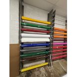 Approximately 9 Partial Rolls of 4' Vinyl, Assorted Colors, Plus Rolled Vinyl Storage Rack