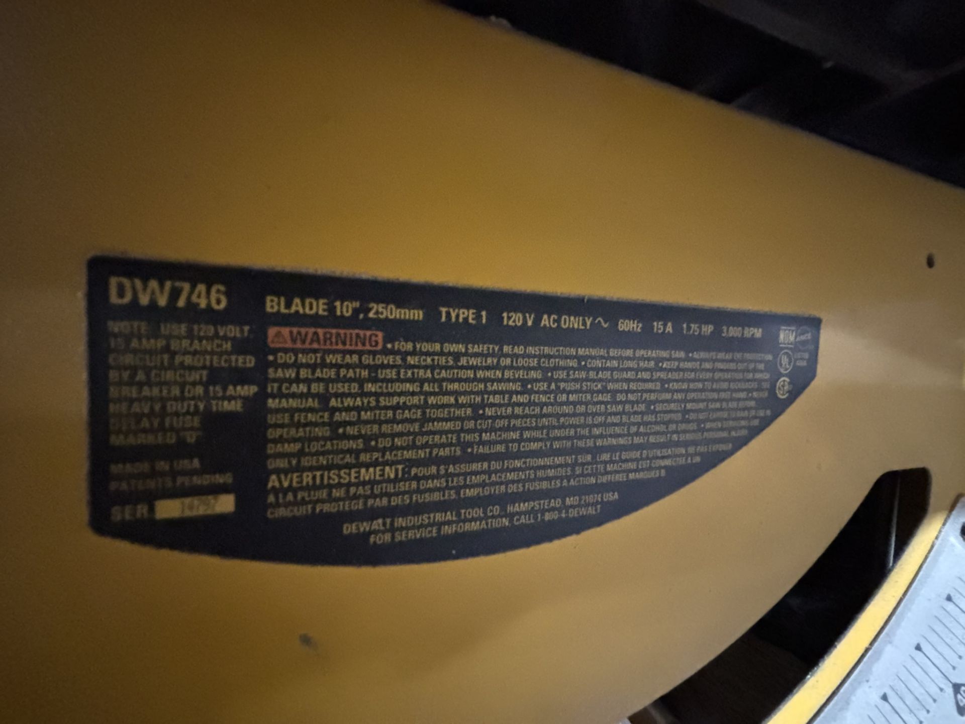 DeWalt Model DW746 10" Cabinet Table Saw - Image 3 of 3