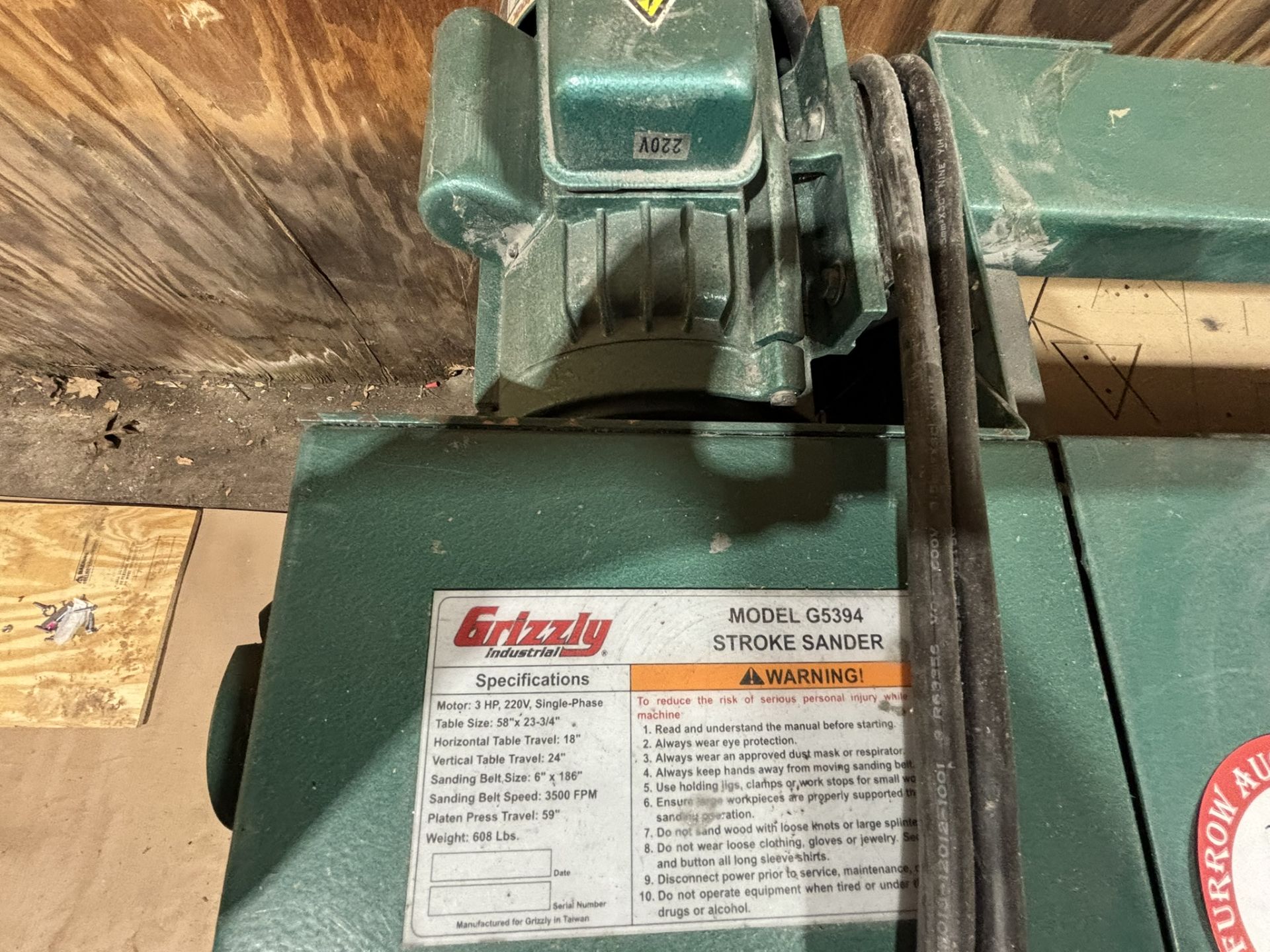 Grizzly Industrial G5394 Stroke Sander 3HP, 18" Table Travel, 24" Vertical Table Travel - Image 3 of 4