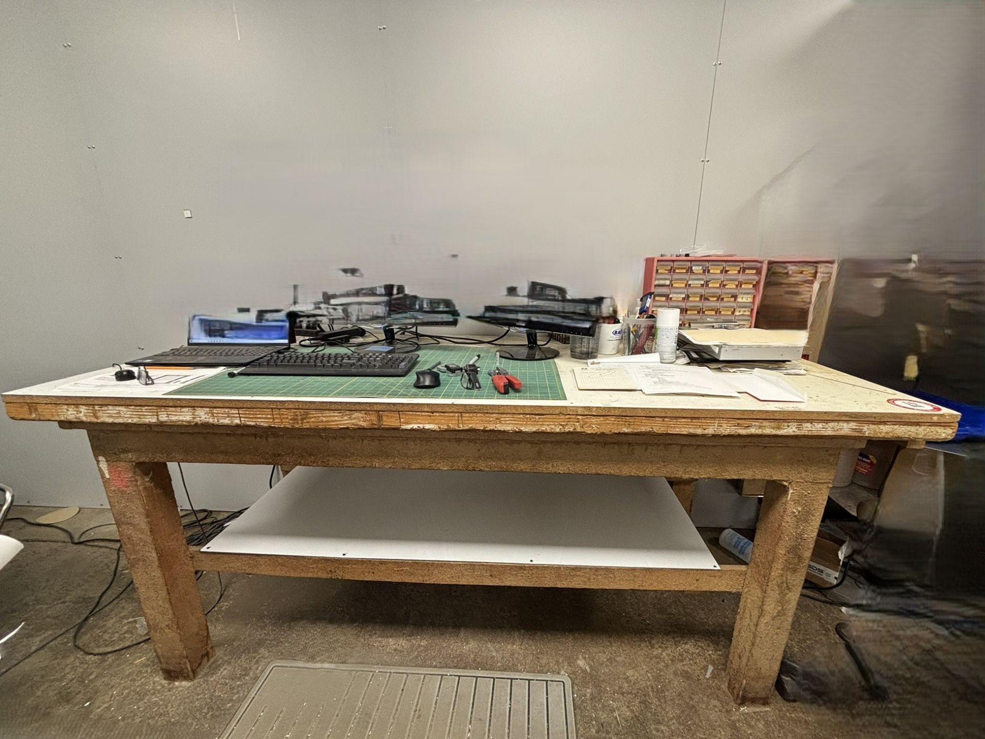 Wooden Shop Table with 1 Shelf (7' L x 3' D x 3" H)