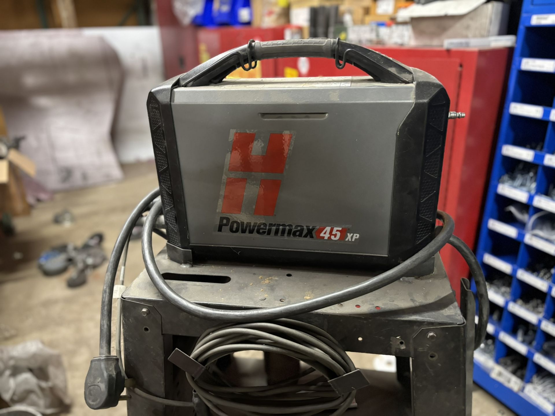 Lincoln Electric Hypertherm Power Max 45 XP Plasma Cutter on Metal Shop Stand on Casters - Image 5 of 5