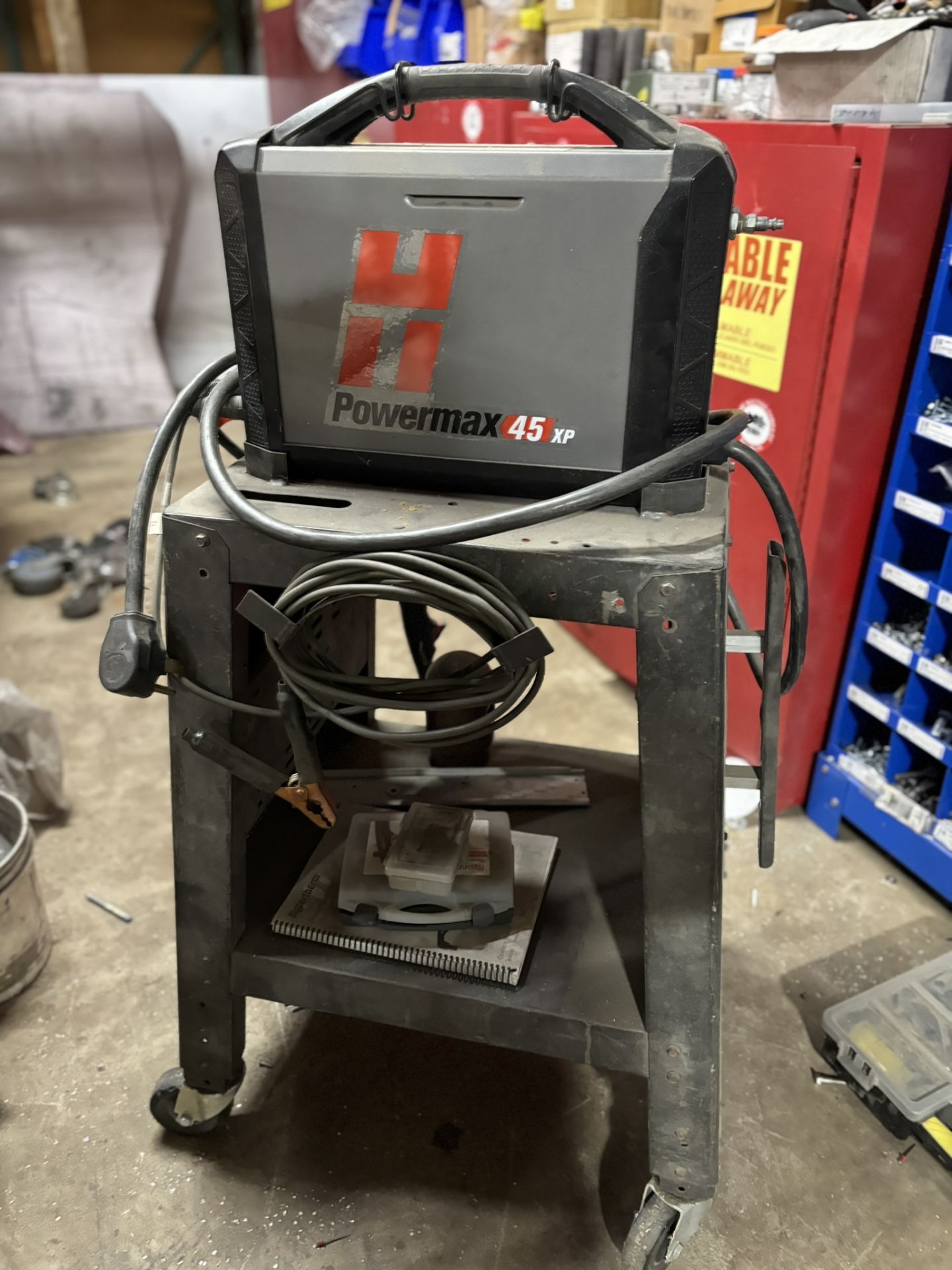 Lincoln Electric Hypertherm Power Max 45 XP Plasma Cutter on Metal Shop Stand on Casters - Image 2 of 5