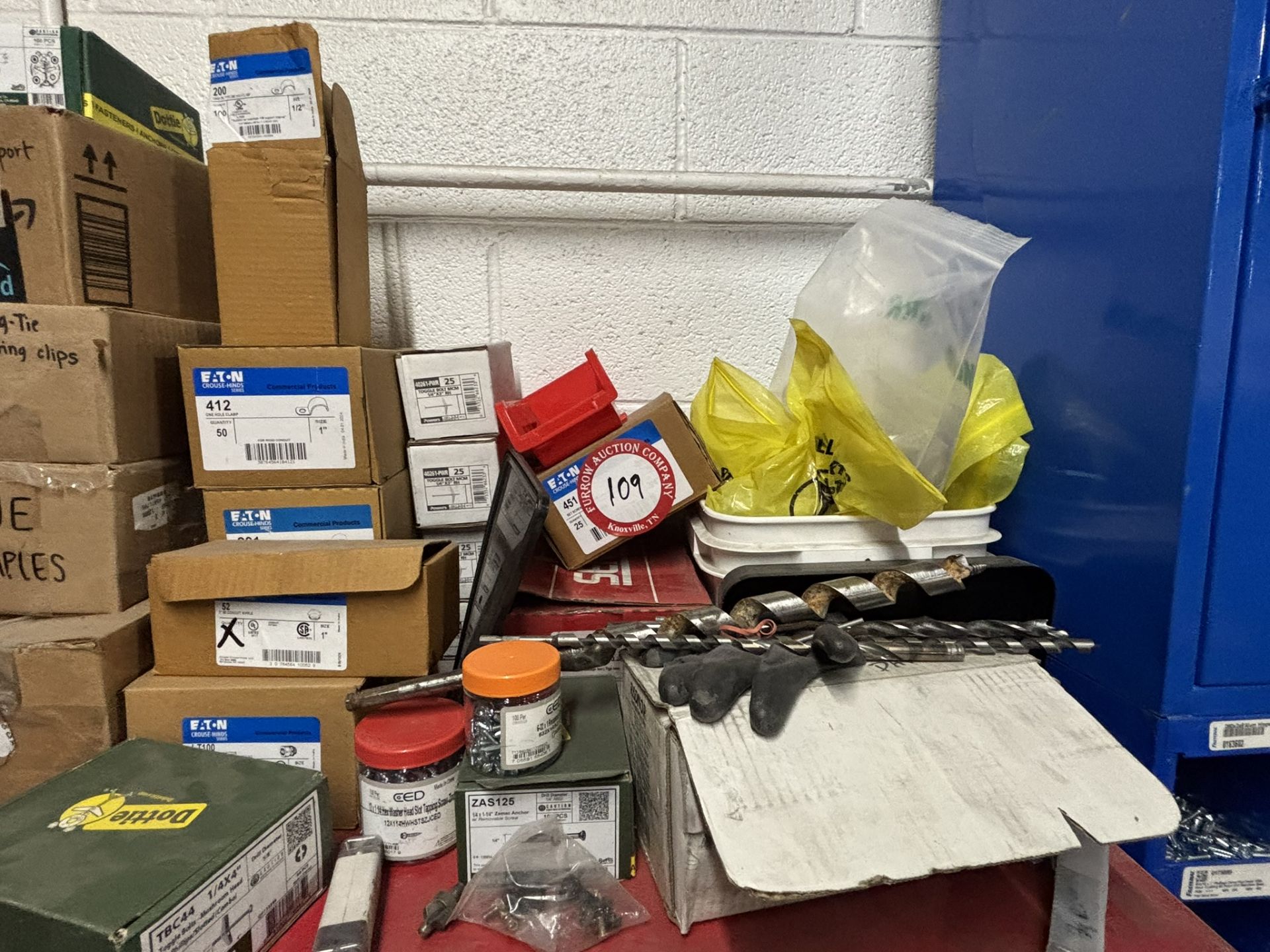 Assorted Contents on top of Cabinets - Nuts, Bolts, Staples, Conduit, Outlet Bodies, Drill Bits, - Image 3 of 6