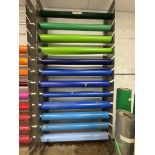 Approximately 11 Partial Rolls of 4' Vinyl, Assorted Colors, Plus Rolled Vinyl Storage Rack