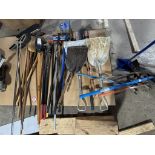 Assortment of Shovels, Spades, Post Hole Digger, Tube Benders, Brooms, etc.