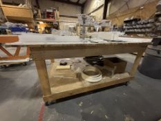 Custom-built Wooden Shop Table on Casters, (74inWx46inDx34inH) + Contents