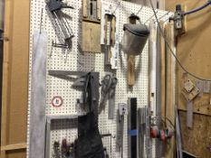 Contents of Pegboard - Screwdrivers, Squares, Welding Masks, Earmuffs, Clamps, Snips, etc.
