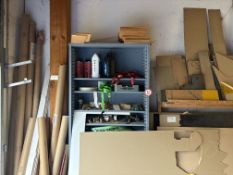 8-Shelf Metal Shelving Unit + Contents, Assorted Straps, Chains, Solvents, Etc.