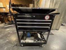 US General 4-Drawer Metal Tool Box on Casters + Contents, Whole Saws, Plyers, Assorted Tools Light
