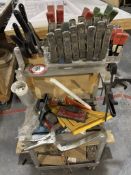 Custom-built Metal Shop Cart on Casters + Contents, Assorted Size Squeeze Clamps, Bar Clamps, etc.