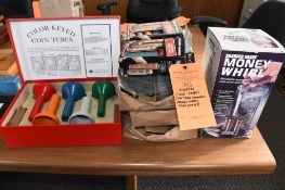 ASSORTED COIN TUBES, COIN TUBE FUNNELS, MONEY WHIRL COIN SORTER