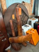 SOLID WOOD CARVED AX INTO A WOODEN STUMP, CURRENTLY APPROX. 55"H X 33"L X 21"W, NOTE HANDLE