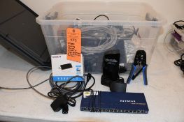NETGEAR DOCKING STATION, CRIMPER AND LARGE ASSORTMENT OF CORDS AND MISC. IN BIN