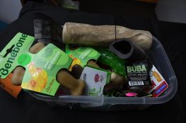 (1) BIN WITH MISC. DOG TOYS AND BONES