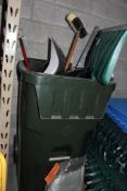 LARGE CAN WITH ASSORTED SHOVELS, SAND, BRUSH, MO0P HANDLE & MISC.