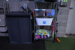 2 DOOR PLASTIC CABINET, 17" X 25" X 36"T & GRAY WIRE SHELF UNIT, 4 SHELVES ON WHEELS, 13" X 23" X
