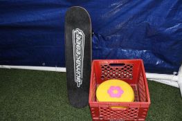 28" SKATEBOARD, BIN OF FRISBEES