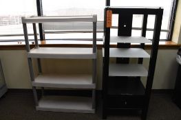 (2) SHELVING UNITS; WOOD WITH GLASS SHELVES 19 1/2" x 21 1/2" x 53"H AND PLASTIC 32"W x 12"D x 48"H
