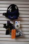 MISC. DOG GEAR; MEDIUM HARNESSES, CLICKER, LEADS, ETC.