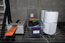 (2) AIR PURIFIERS, CASH BOX WITH WRIST BANDS & BIN OF MISC.